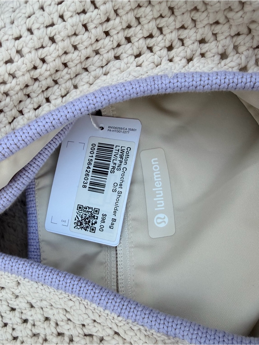 NWT lululemon athletica Cream Crochet Shoulder Bag with Lavender Trim - Picture 9 of 13